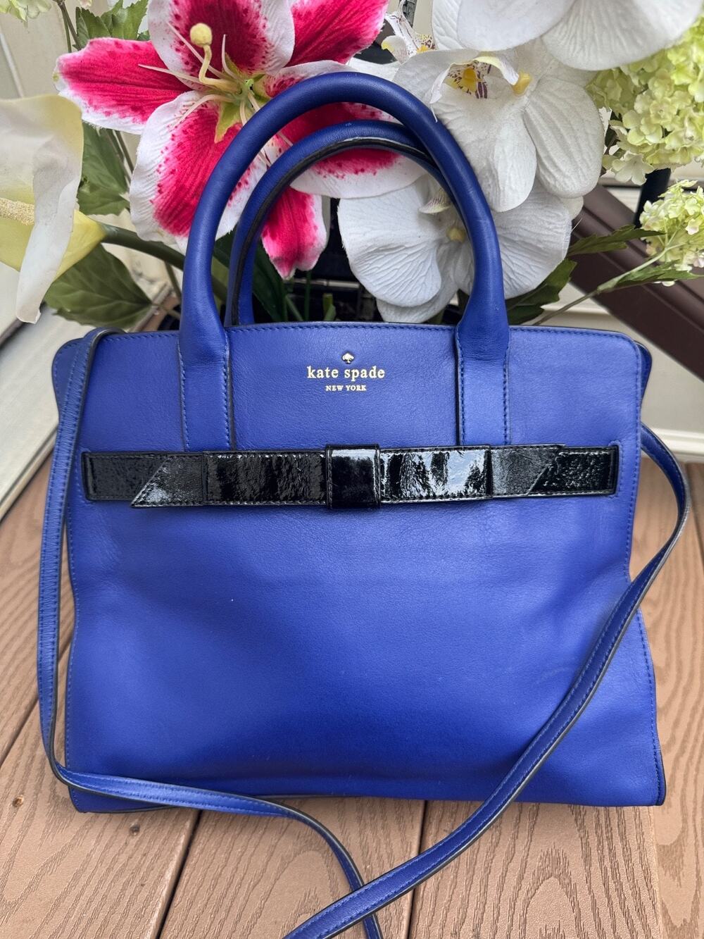 Kate Spade Rosa Mount Ivy Cobalt Blue Beau Bow Satchel Leather Bag (150